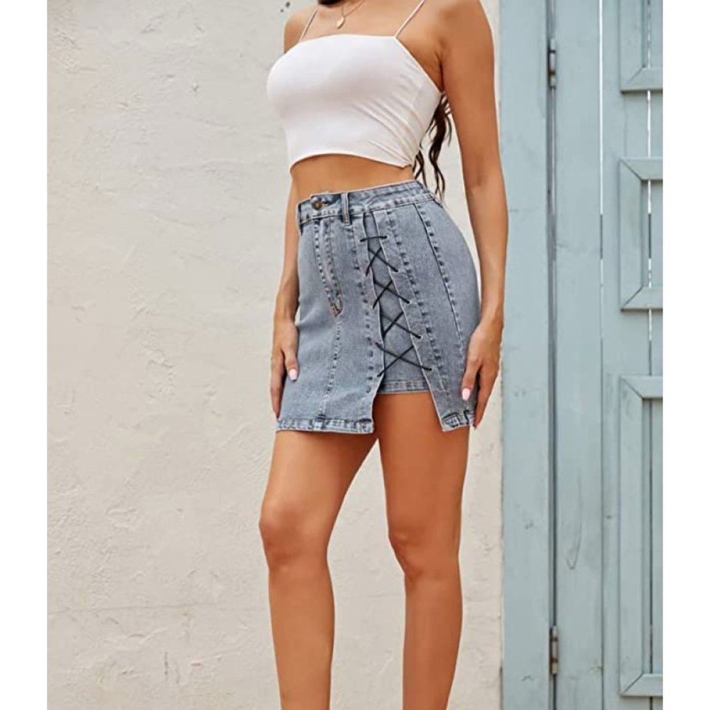 Light Wash Lace Up Denim High Waist Asymmetrical Cut Out Jean Mini Pencil Skirt - Picture 2 of 7
